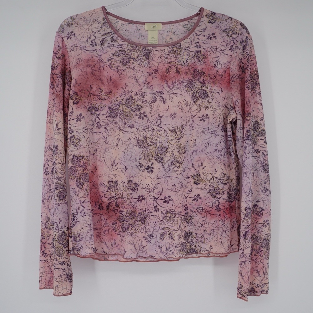 J.Jill Y2K Fairycore Grunge Pink Top Long Sleeve Lettuce Hem Sheer Floral MP